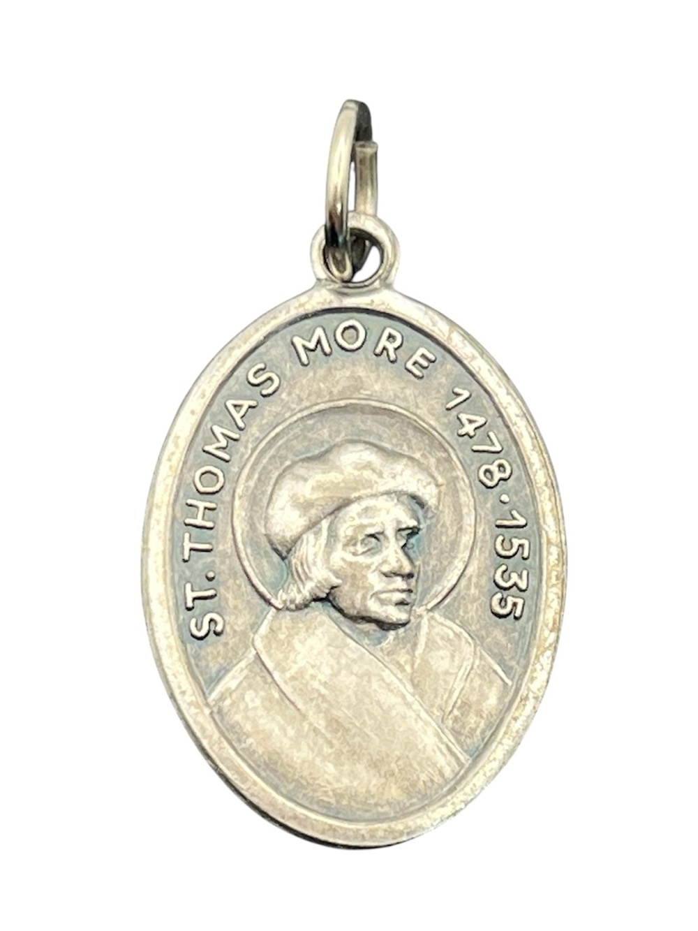 Catholic Saint Thomas More religious silver tone oval pendant for necklace